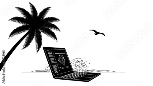 Laptop on a beach with palm tree and ocean waves, symbolizing remote work and freedom