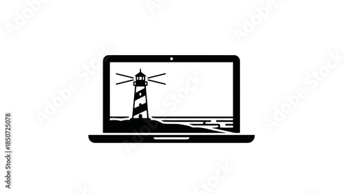 Laptop screen displays lighthouse on island, digital concept, abstract illustration, navigation symbol