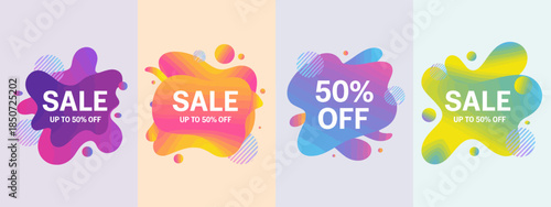 This image showcases a vibrant and colorful design promoting a sale with bold text and eye-catching shapes, perfect for marketing and advertisement purposes.