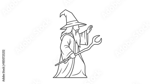 Wizard with pointed hat and staff casting a spell, outlined icon on white background.