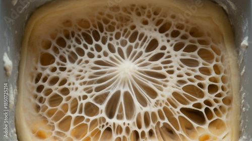 Close-up of bread dough rising in a bread maker pan, ready for baking.