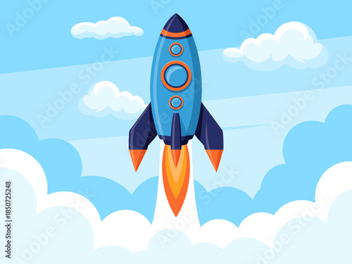 A colorful rocket is launching into a clear blue sky, symbolizing exploration, innovation, and the quest for discovery in the vast universe above us.