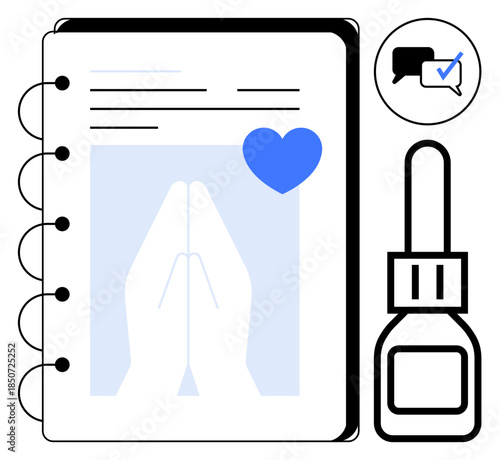 Notebook featuring clasped hands, blue heart, chat icon with a checkmark, and glue bottle. Ideal for spirituality, DIY, communication, connection mindfulness journaling self-expression. Simple