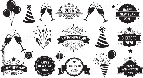 Happy New Year 2026 Celebration Icons and Graphics with Champagne and Party Elements glasses