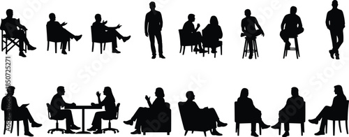 Sitting people silhouette collection, conversation and meeting poses, interview illustration set, relaxed seated figures, communication and discussion graphic bundle