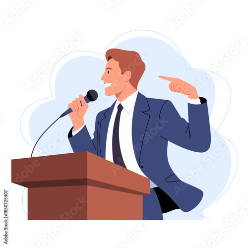 This illustration presents a confident speaker standing at a podium, emphasizing the importance of public speaking, leadership, and inspiring audiences with impactful messages.