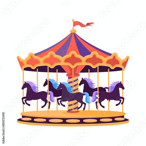 A vibrant carousel featuring beautiful horses gracefully rotating, creating a joyful atmosphere perfect for family fun and nostalgic memories at amusement parks.
