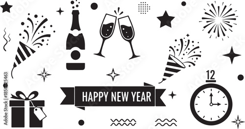 Happy New Year Celebration Elements with Champagne Bottle Gift Box and Clock Keywords: happy new year, celebration, champagne bottle, champagne glasses, gift box, clock, fireworks, confetti, stars