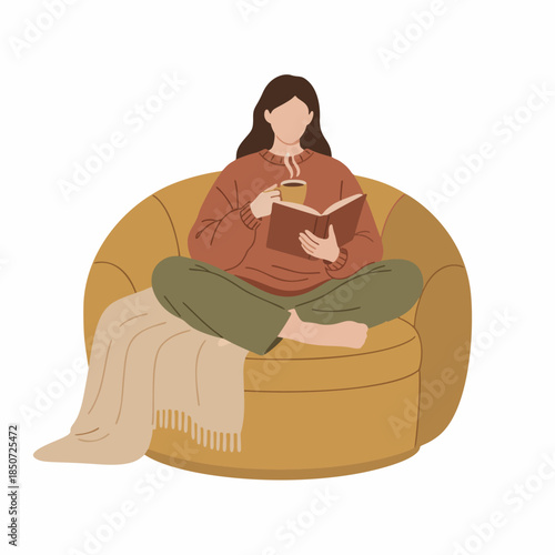 Cozy Illustration of a Woman Relaxing with a Book and Coffee on a Beanbag Chair, Wrapped in a Blanket