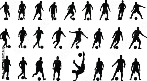 Soccer player silhouette collection performing various football skills, dribbling, kicking, juggling and action poses, athletic sports movement vector set for design