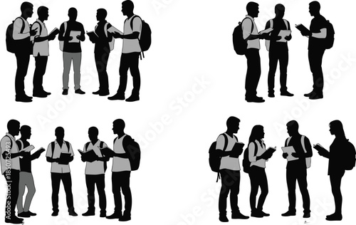 Student group silhouette illustration set, college learners discussing and reading books, academic study teamwork scene, standing education figures with backpacks