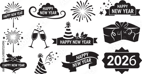 Happy New Year Celebration Icons and Symbols Collection Keywords: happy new year, celebration, new year, 2026, fireworks, champagne, gift, party hat, holly, banner, sign, toast, confetti, festive