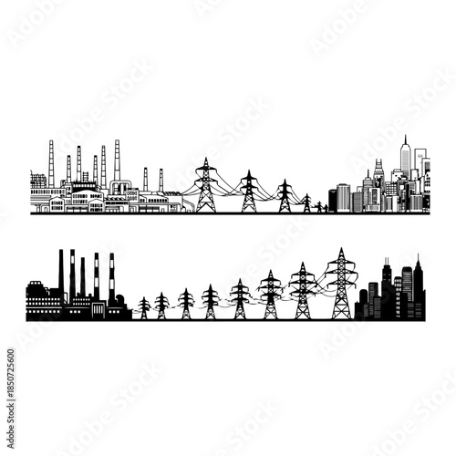 Power Plant and Electrical Energy Transmission Vector Silhouette, Industrial Factory Landscape with High-Voltage Towers and Power Lines