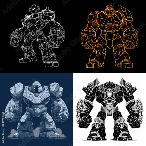 Massive robotic golem illustrations showing armored mechanical bodies rendered in sketch and solid styles for futuristic combat characters and science fiction concepts.