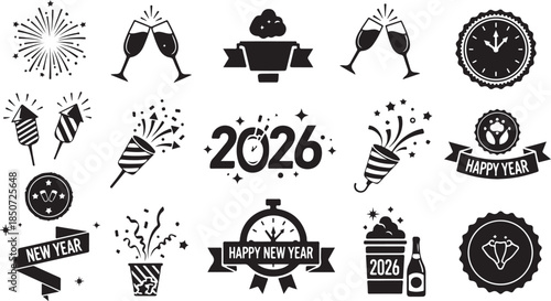 New Year 2026 Celebration Icons with Fireworks, Champagne, Clocks, and Party Poppers Keywords: 2026, new year, happy new year, celebration, icon, symbol, graphic, design, element, collection