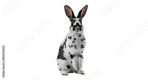 Dalmatian rabbit with black and white fur long ears and a cute face standing on a white background looking directly at the camera.