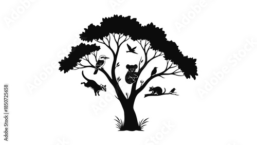 Australian native animals silhouette in eucalyptus tree, koala, kookaburra, quoll, birds.
