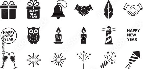 New Year And Celebration Icons With Gifts Bells Handshakes Owls Lighthouses And Fireworks vector illustration