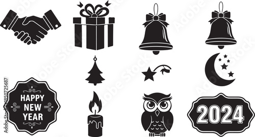 New Year and Holiday Icons including Handshake, Gift, Bell, Owl, Candle, and Moon Keywords: new year, happy new year, holiday, icon, symbol, graphic, design, element, collection, handshake, gift