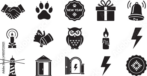New Year Icons Collection Paw Print Gift Bell Owl Lighthouse and Lightning Keywords: new year icons paw print dog cat gift box present bell ringing owl bird lighthouse beacon lightning bolt