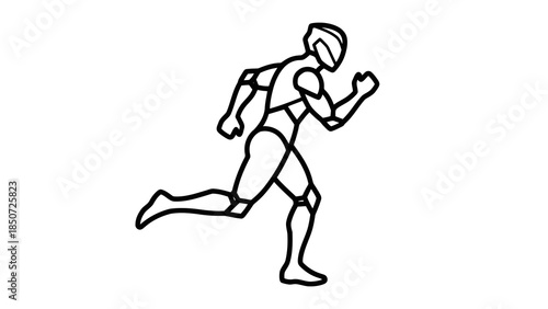 Line art illustration of a futuristic humanoid robot running, isolated on white background.