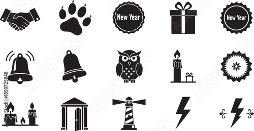 New Year Icons Set with Paw Print Gift Bell Owl Lighthouse and Candles Keywords: new year icons paw print dog cat gift box present bell ringing owl bird candle flame lighthouse beacon celebration