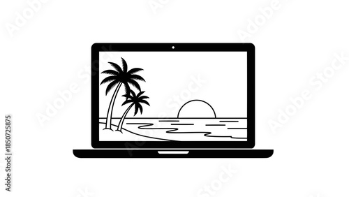 Laptop displaying a tropical beach scene with palm trees and sunset, isolated vector.