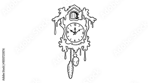 Melting cuckoo clock with pendulum and pinecone weight, black outline, isolated