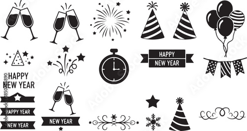 New Year's celebration icons with champagne glasses fireworks party hats and banners Keywords: New Year, celebration, icons, set, collection, champagne glasses, toast, fireworks, explosion, burst