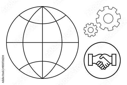 Global cooperation concept. A globe worldwide connectivity. Gear icons operational processes and innovation, while a handshake signifies partnerships. For globalization, teamwork, operations