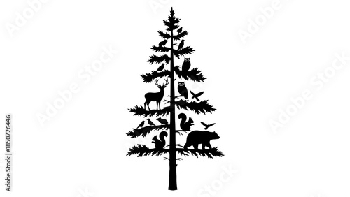 Silhouette of a pine tree adorned with various forest animals and birds on white background.