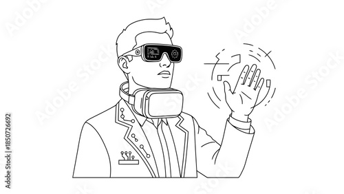 Man wearing virtual reality headset interacts with digital interface and holographic projection, line art