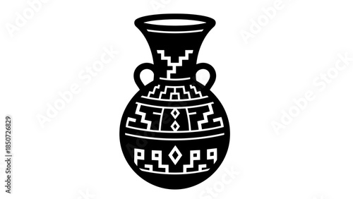 Stylized black amphora with geometric pattern, isolated on white background vector illustration