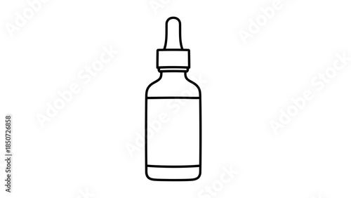 Simple line art icon of a dropper bottle with label space, isolated on white background