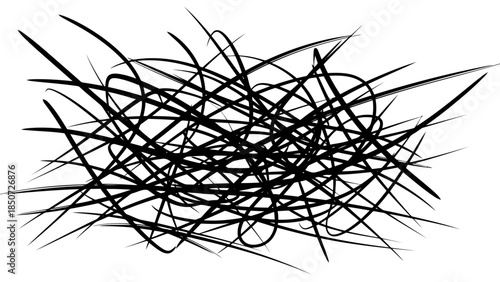 Abstract black ink scribble lines chaotic design element isolated on white background.