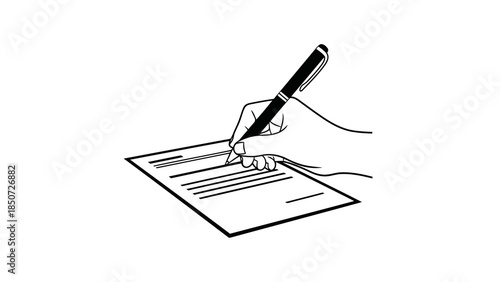Hand drawing line with pen on paper, simple line art illustration of writing or signing document