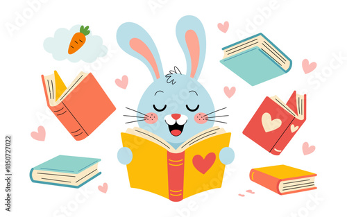 A cheerful rabbit with large ears enjoys reading books in a whimsical setting, emphasizing the joy of learning and the importance of imagination in children's lives.