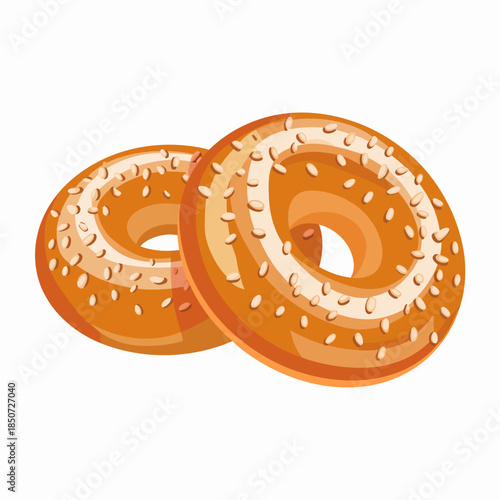 Two mouthwatering bagels topped with creamy icing and sprinkled with sesame seeds are displayed together, showcasing a delightful baked treat ready for enjoyment.