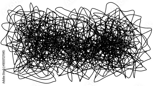 Abstract black line art scribble pattern on white background, chaotic design