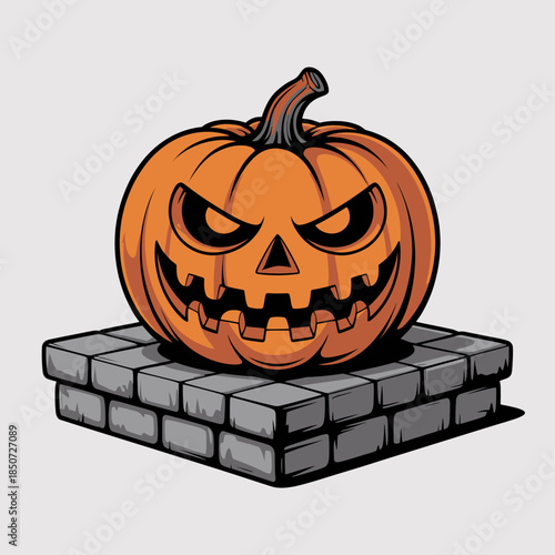 A menacing Halloween pumpkin with a carved scary face sits atop a stone base, embodying the spirit of festivities and traditions associated with Halloween celebrations.