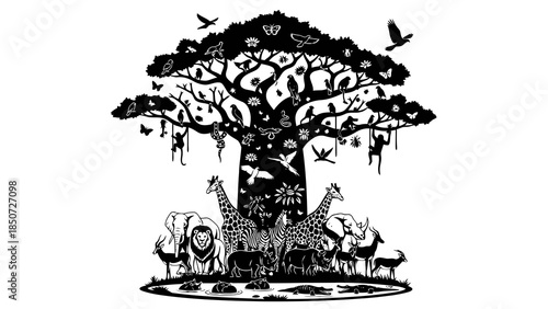 African savanna animals and diverse wildlife populate a detailed baobab tree silhouette.