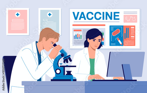 This illustration depicts two scientists engaged in the important work of examining vaccine samples, emphasizing collaboration and research in modern medicine and healthcare.
