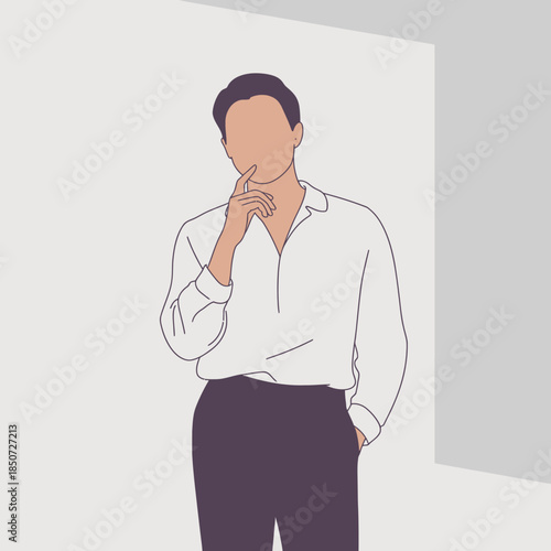 A stylishly dressed man stands thoughtfully in a minimalist aesthetic setting, showcasing modern fashion, sophistication, and contemplation in contemporary design.