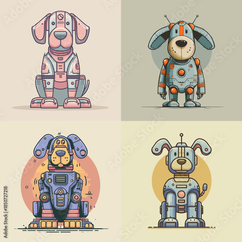 Cute robot dog illustrations with rounded shapes and retro futuristic style combining mechanical details and friendly expressions for kids tech themed designs.