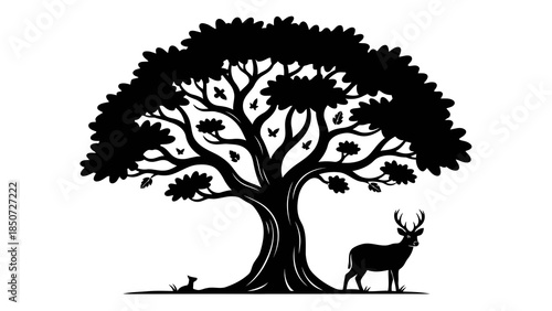 Majestic silhouette of an oak tree with deer and fawn in a peaceful forest setting