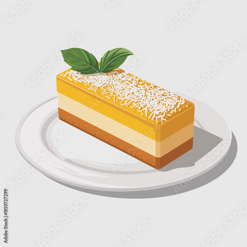 An appetizing, beautifully presented layered dessert sits on a white plate, decorated with a fresh mint leaf and showcasing the art of pastry-making and indulgence.