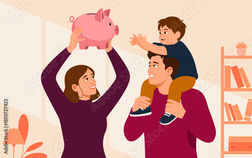 A joyful family moment as parents lift a piggy bank while their son reaches out. This image symbolizes unity, parenting, and the importance of teaching financial responsibility.