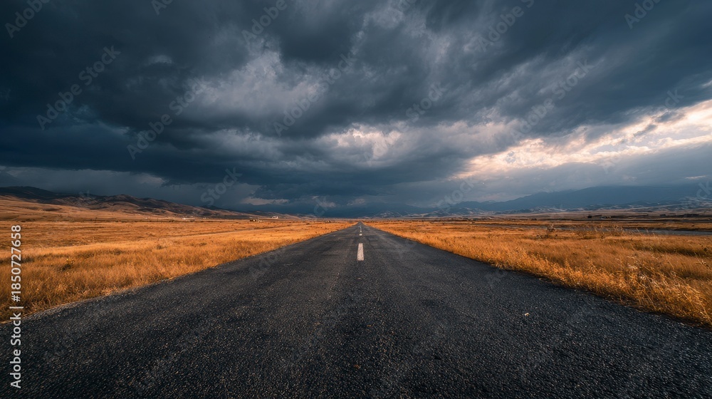Naklejka premium An asphalt road stretches towards the horizon under a dramatic, cloudy sky, flanked by dry fields and distant mountains