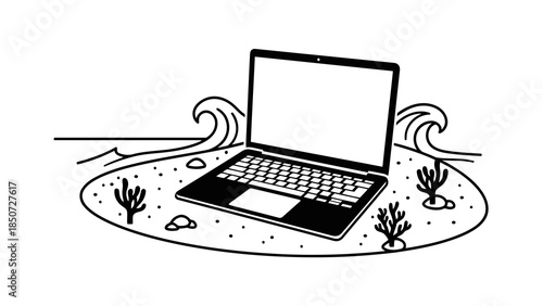 Laptop on a small island with waves and coral, representing remote work concept.