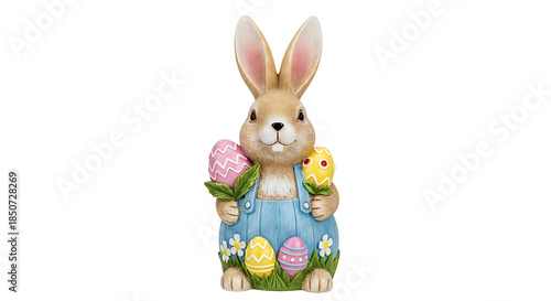 Easter Bunny Statue Holding Eggs and Flowers Decorative Ornament.